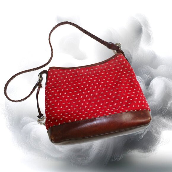 Brighton Red Geometric Tapestry Brown Leather Shoulder Bag - Picture 1 of 9